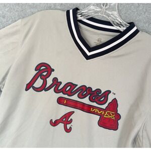 True Fan Atlanta Braves MLB Jersey Mens Medium Gray V-Neck Mesh Short Sleeve